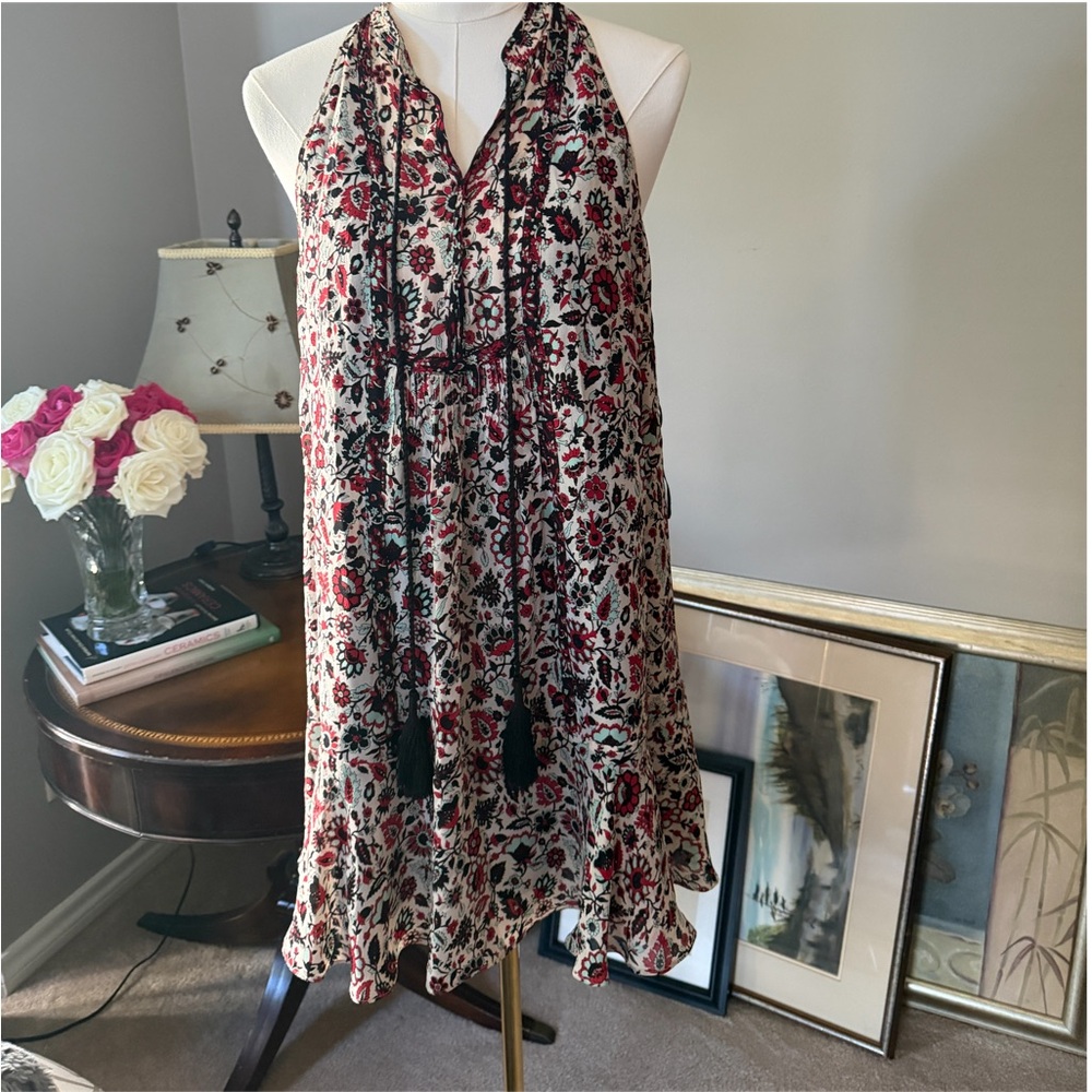 A.L.C. 100% Silk Boho Floral Halter Mini Dress Size 8 Tassel Tie